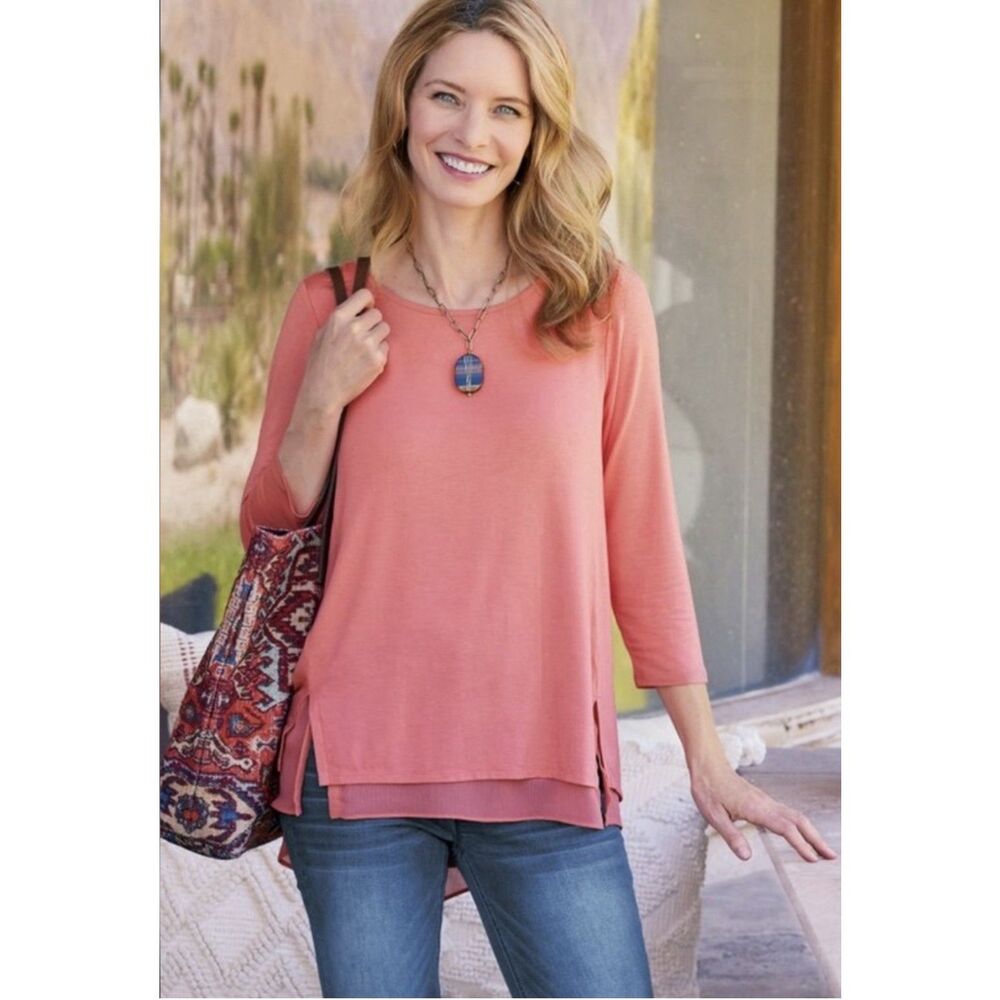 Soft Surroundings Knit Tunic Top Stretchy Flowy Chiffon Asymmetric Coral Beach L